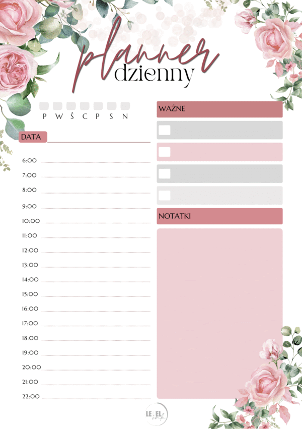 Planer dzienny kwiaty PDF – podział na dni, godziny, notatki i lista ważne - obrazek 2