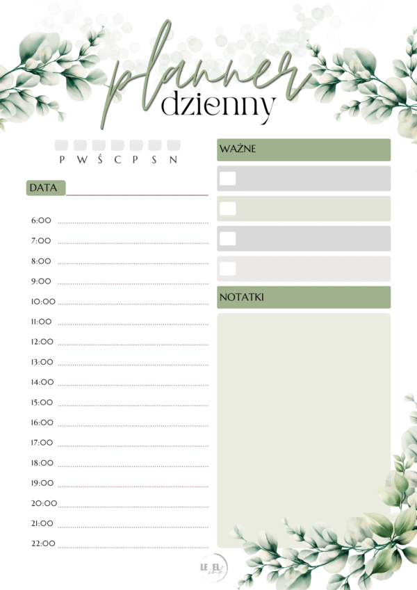 Planer dzienny liście PDF – podział na dni, godziny, notatki i lista ważne - obrazek 2